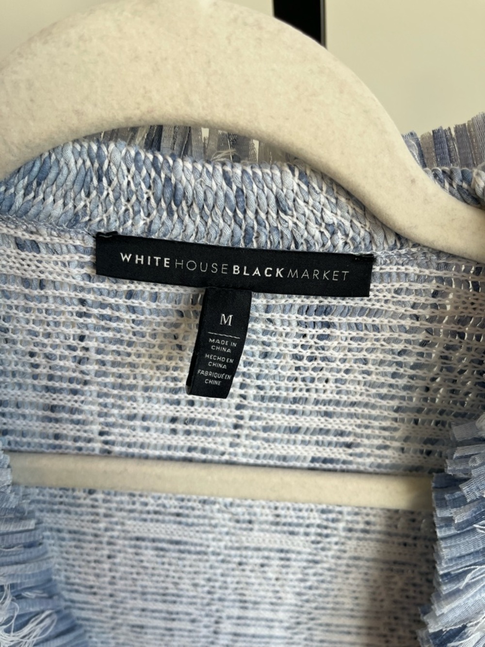 White House Black Market Blue Fringe Cardigan Open Front Tweed Jacket Size M - Picture 10 of 12